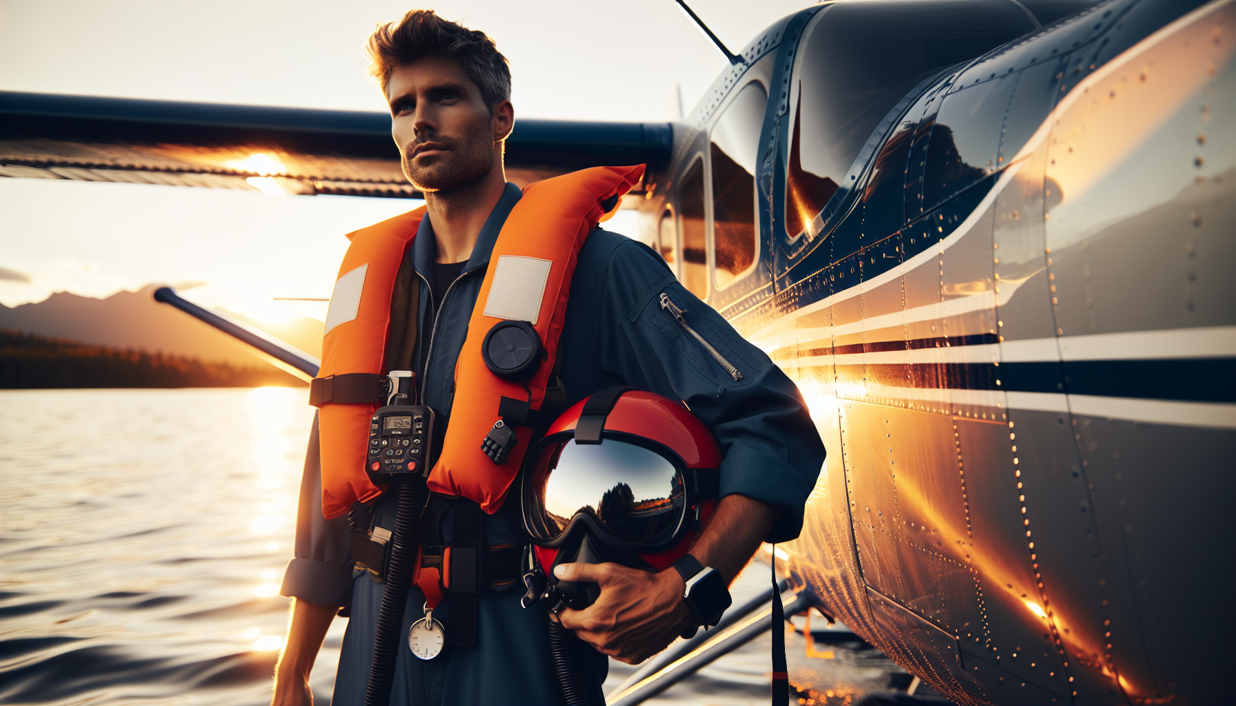 A pilot wearing safety gear for a seaplane adventure
