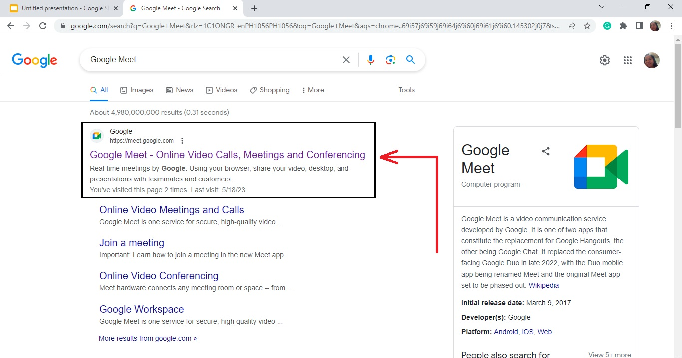 Select the "first search result" on your computer, so that you will be redirect to a separate window for Google Meet