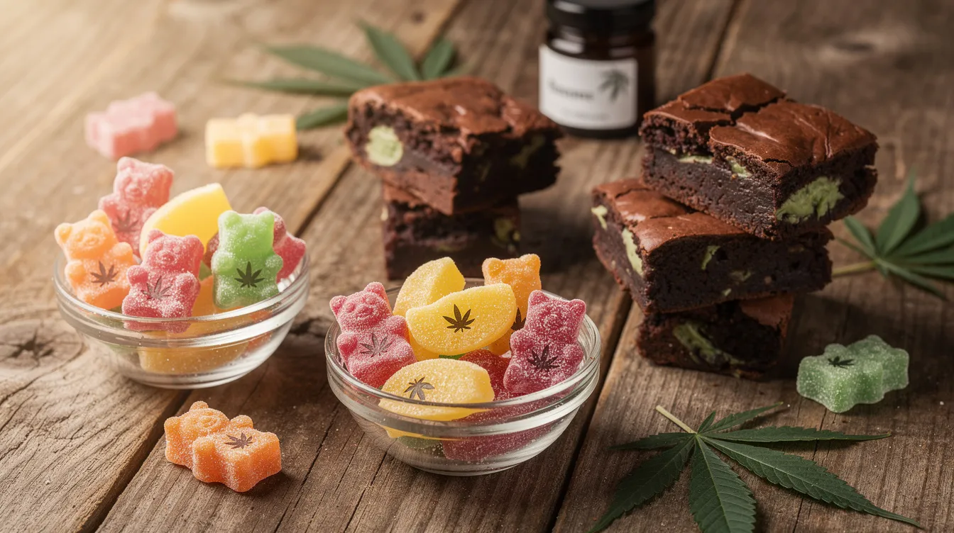 Auf einem Holztisch liegen verschiedene Cannabis-Edibles, darunter Gummibärchen und Brownies, die für den Konsum von THC-haltigen Produkten stehen. Diese Leckereien können im Körper nachweisbar sein, was für Drogentests und die Wirkung von Cannabis von Bedeutung ist.