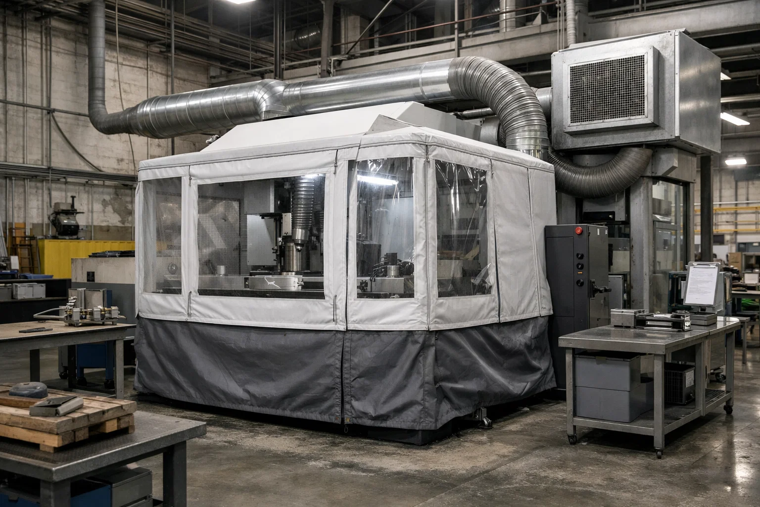 Industrial equipment protected from dust, moisture, and environmental damage inside a manufacturing facility.
