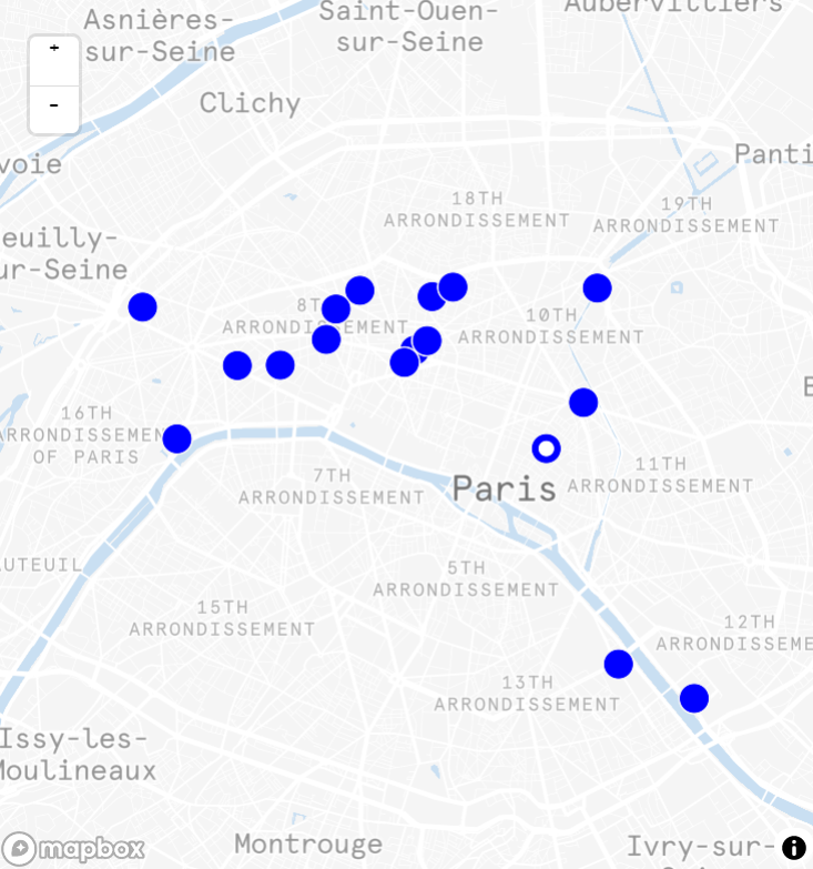 plan de Paris avec les localisations des espaces de coworking WeWork
