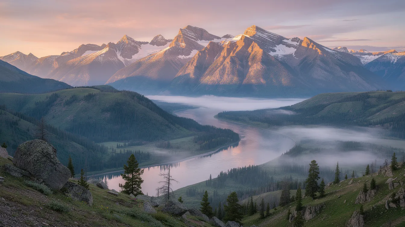 A breathtaking panoramic view of the Rocky Mountains at sunrise showcases rolling hills and a winding river, highlighting the natural beauty of the landscape. This serene environment contrasts with the nearby oil and gas industry, where energy companies engage in exploration and production activities, emphasizing the balance between nature and energy development.