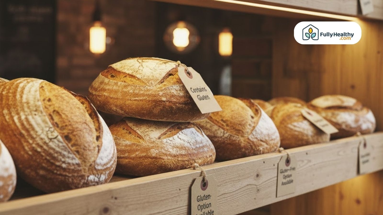 Bakery shelf with sourdough loaves labeled contains gluten and gluten free