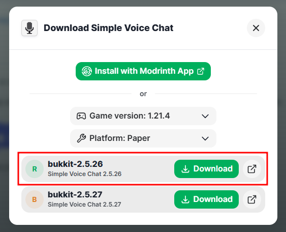 The download dialog with the latest release version of the plugin selected.