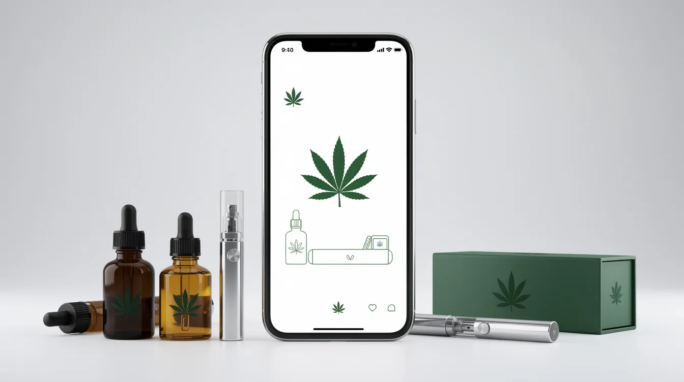 The image features a visually appealing layout showcasing various cannabis products and brands, designed to resemble a social media advertisement. It highlights the vibrant colors of cannabis plants and products, capturing the essence of cannabis marketing while adhering to advertising regulations.