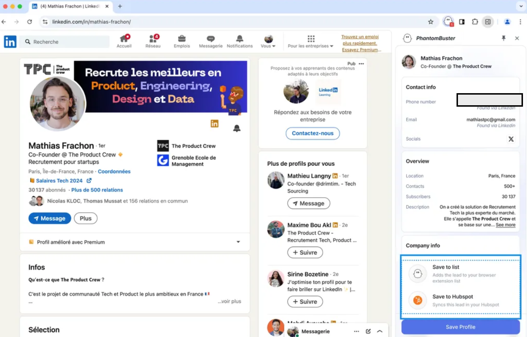 PhantomBuster Chrome extension showing contact details