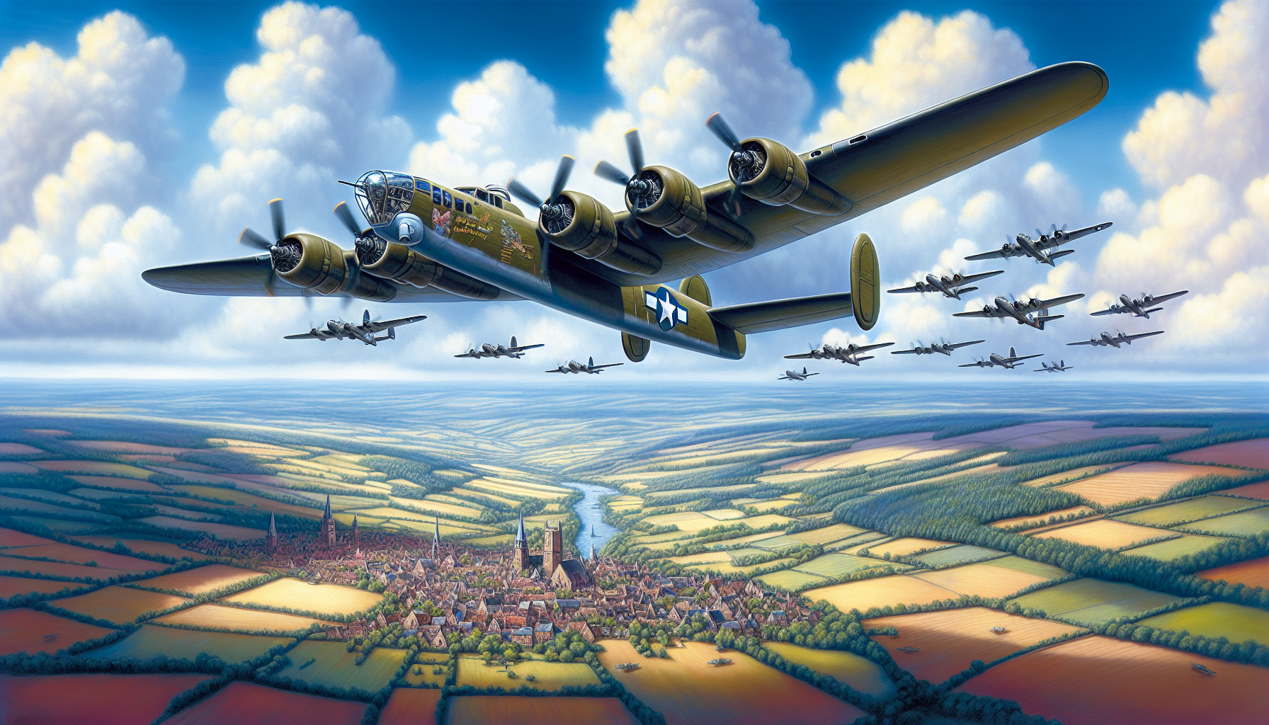 Artistic representation of Allied forces operational use of the B-24 bomber.