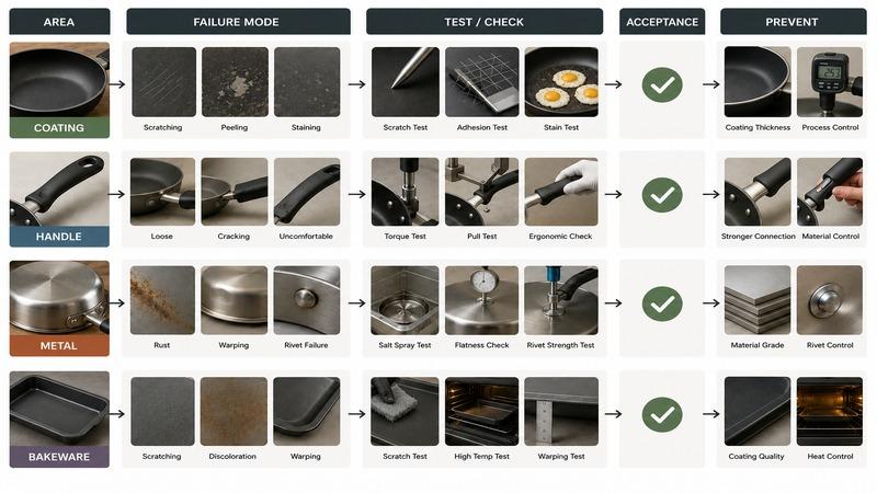 A failure-mode map connecting coating, handle, metal, and bakeware risks with testing and buyer actions.