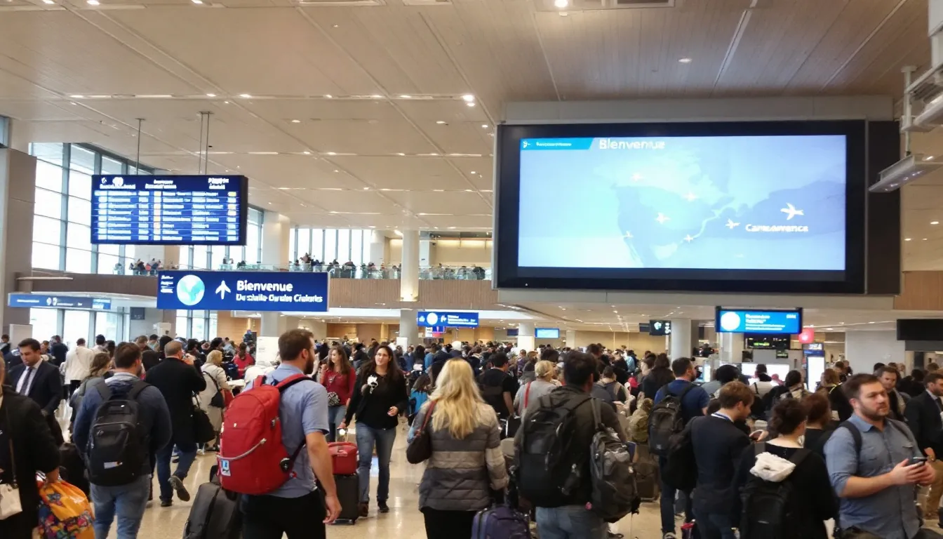 A busy Canadian airport with travelers going through preclearance.
