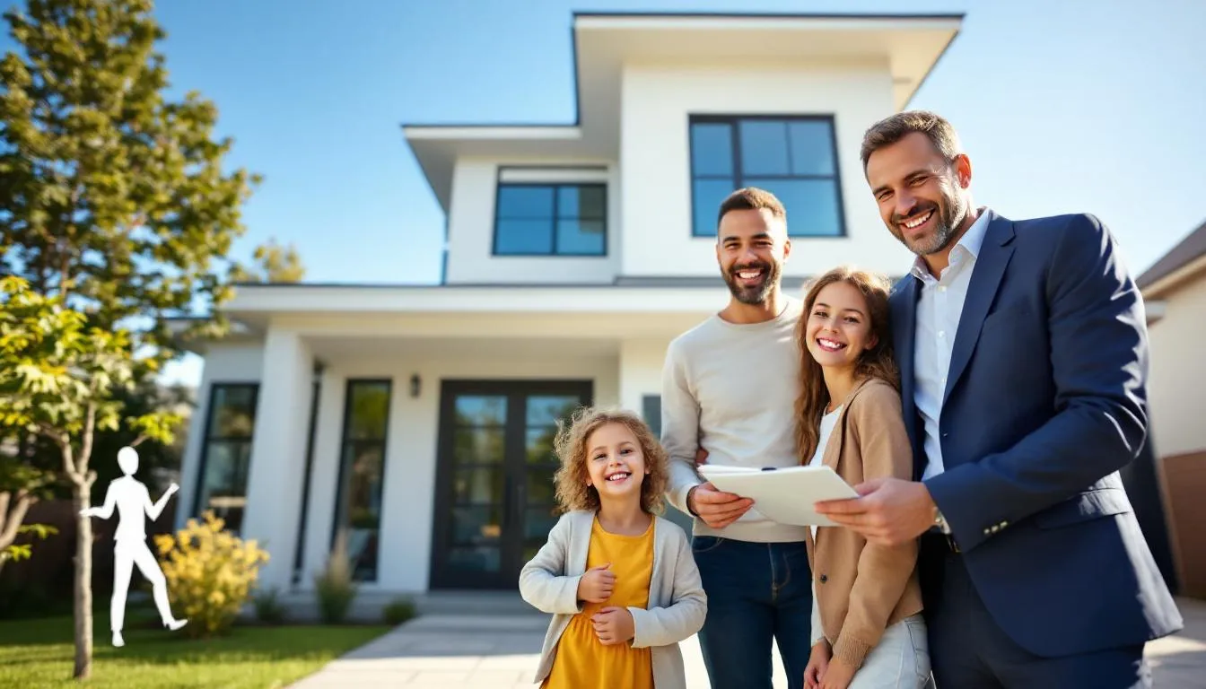 A happy family stands proudly in front of their new home, accompanied by a professional real estate agent who has guided them through the competitive real estate market. This moment captures the joy of satisfied clients celebrating a successful sale, showcasing the effective strategies of real estate marketing. A happy family stands proudly in front of their new home, accompanied by a professional real estate agent who has guided them through the competitive real estate market. This moment captures the joy of satisfied clients celebrating a successful sale, showcasing the effective strategies of real estate marketing.