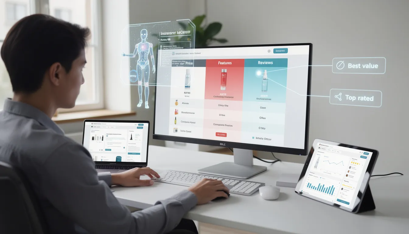 Eine Person vergleicht Produkte auf mehreren Bildschirmen, während ein KI-Assistent hilfreiche Antworten und Informationen zur Optimierung von Suchanfragen und Inhalten bereitstellt. Die Szene verdeutlicht den Einsatz von KI-Systemen zur Unterstützung bei Entscheidungsprozessen im digitalen Raum.