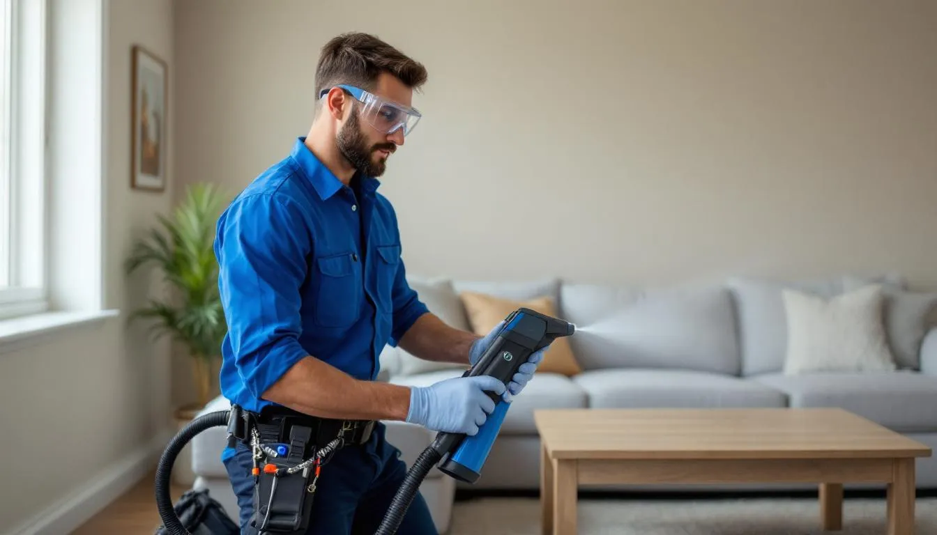 A professional technician is using advanced odor removal equipment in a residential setting to eliminate unpleasant odors, such as cigarette smoke and pet odors. The technician is focused on the odor removal process, ensuring a clean and fresh indoor environment for the property owners.