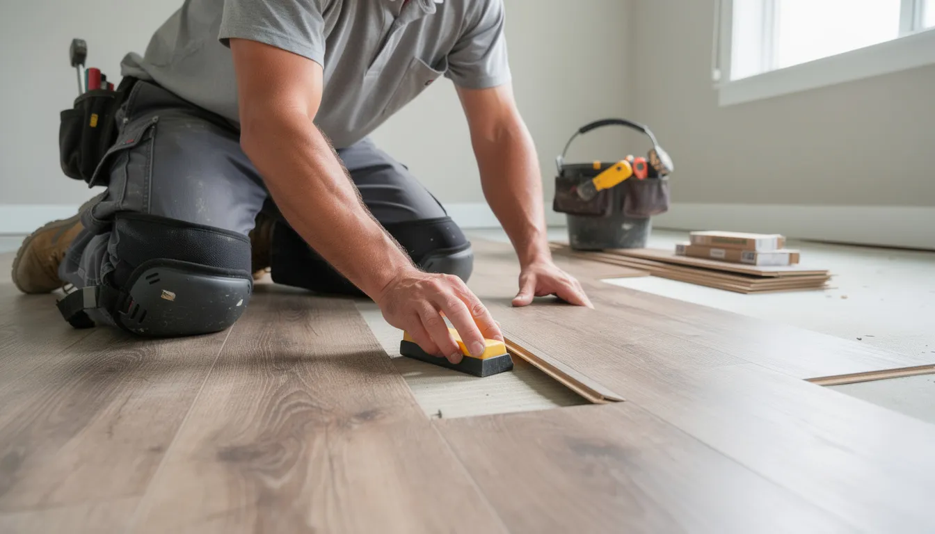 A specialty flooring contractor is meticulously fitting luxury vinyl plank flooring in a residential room, showcasing the craftsmanship involved in the installation process. This scene reflects the quality service offered by Nova Flooring in Pittsburgh, PA, where homeowners can visit the showroom for more information on their flooring options.