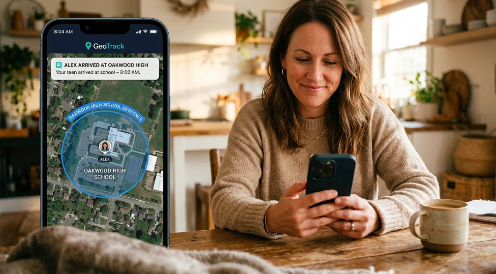 Parent receiving GPS geofence alert when teen arrives at school safely