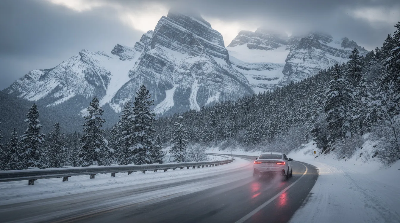 A car navigates a snowy mountain highway in Colorado, surrounded by snow-covered trees and a clear blue sky, highlighting the challenges of driving a leased vehicle in winter conditions. This scene emphasizes the importance of comprehensive and collision coverage for drivers, especially those operating a leased car in potentially hazardous situations.