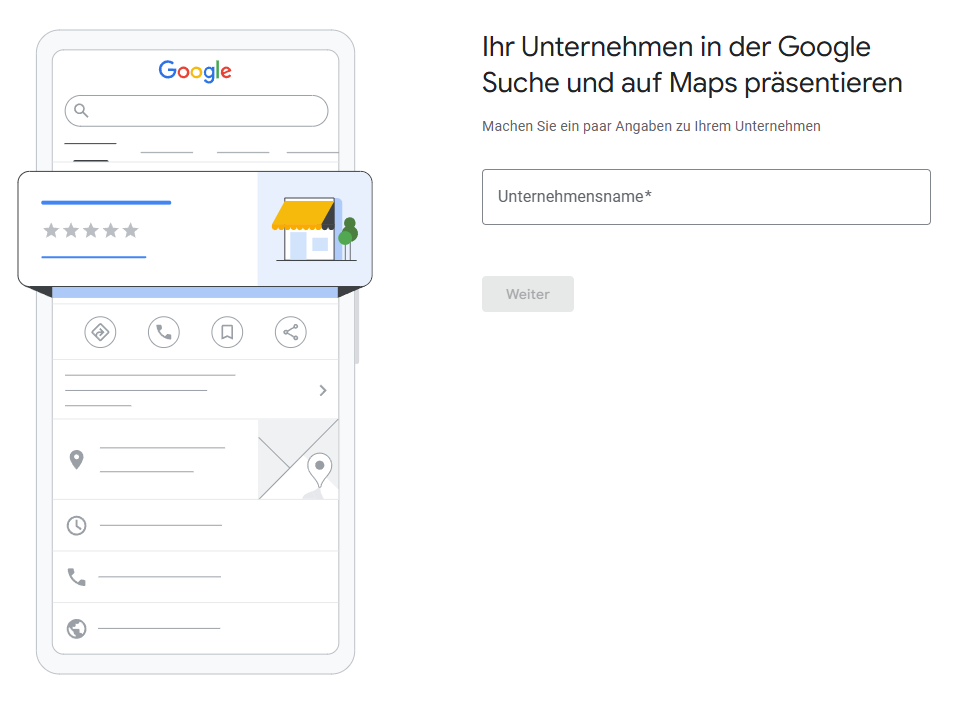 Snippet aus Google Business zeigt die Eingabe des Unternehmensnamens