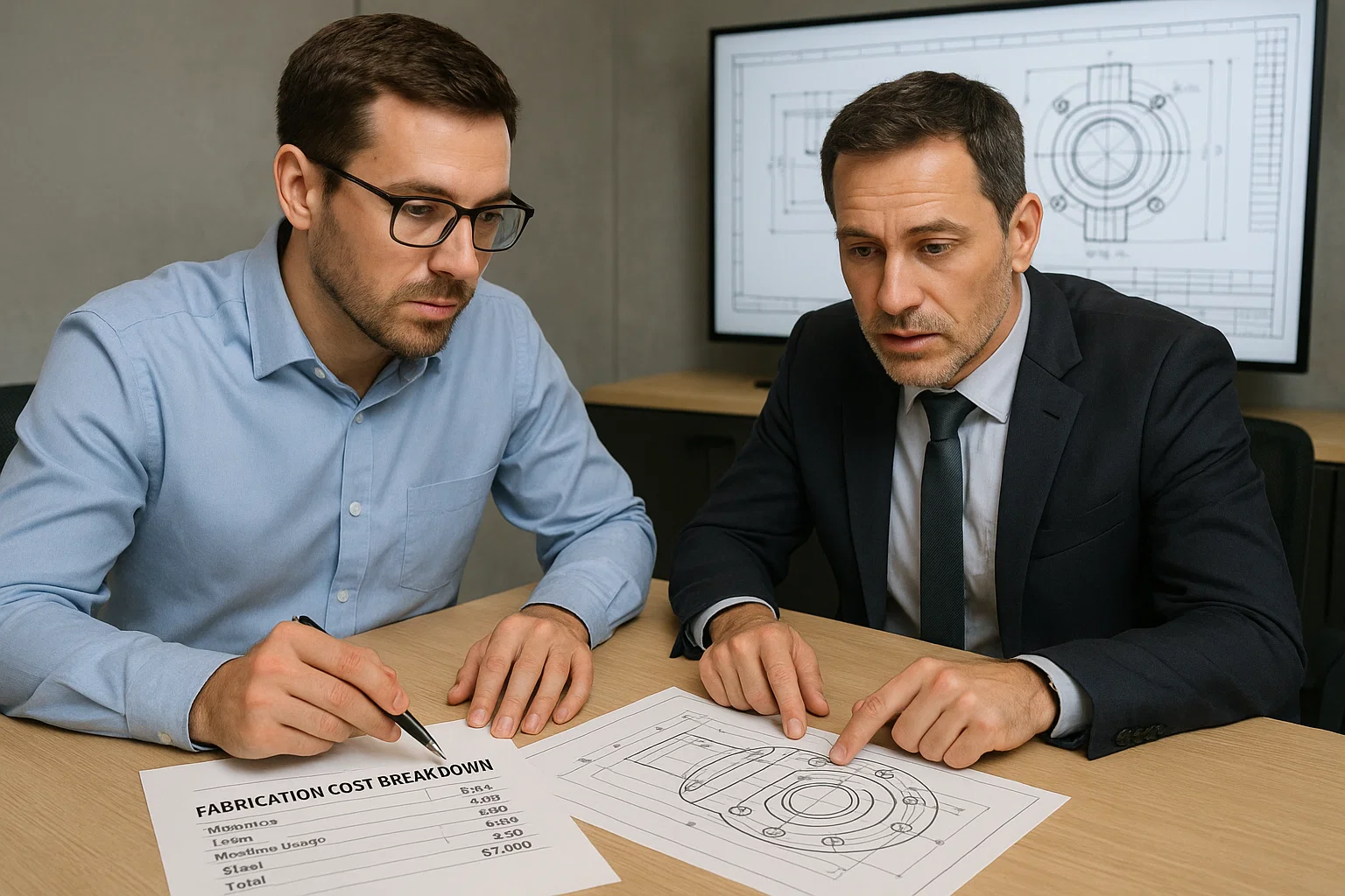 “Fabrication company discussing project costs and scope with client”