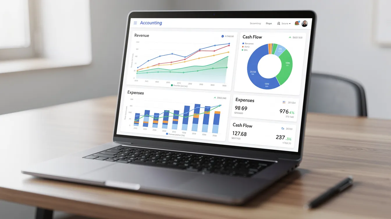 The image shows a laptop screen featuring an accounting dashboard with various graphs displaying financial data, which may assist small business owners and self-employed individuals in managing their income tax and maintaining digital records for their tax returns. This dashboard likely represents software options that are compliant with the Making Tax Digital initiative, helping users create and manage digital records efficiently.