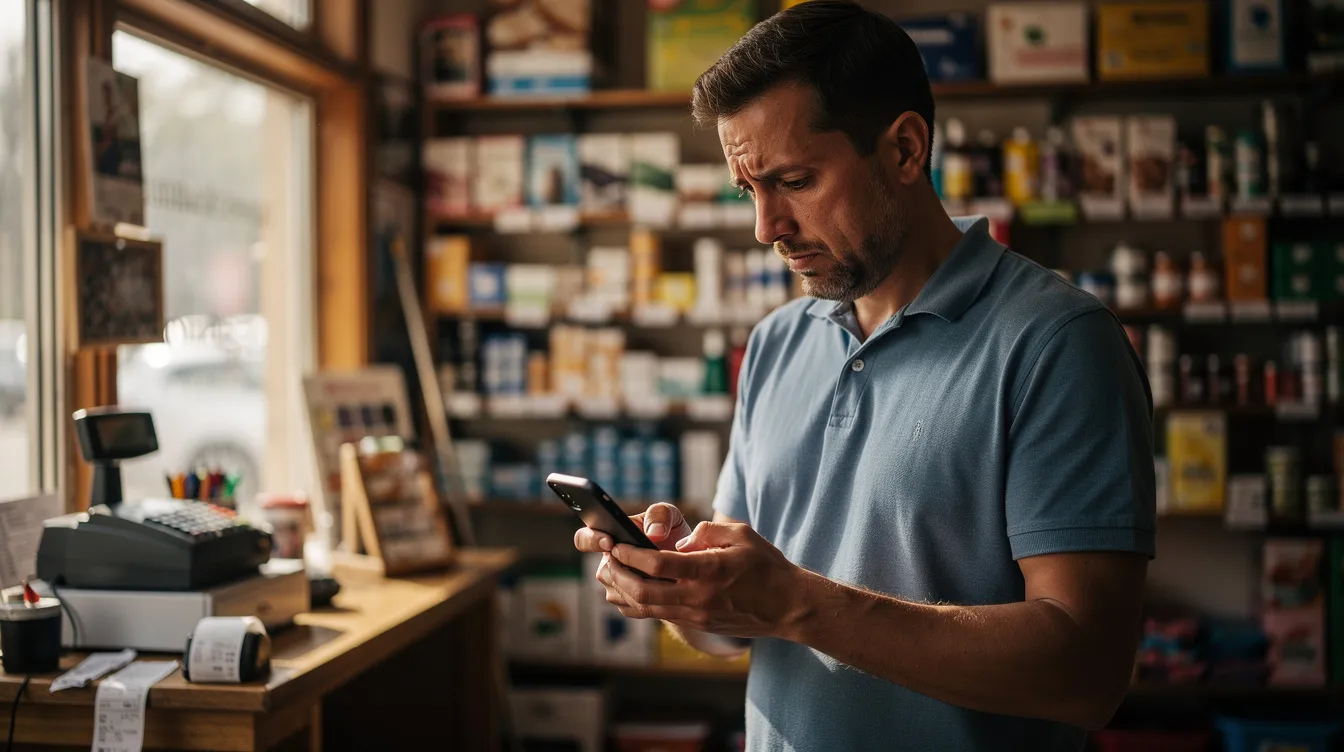 A small business owner stands inside their shop, looking at their phone with a worried expression, possibly concerned about their financial situation or the status of their bank loan application. The scene reflects the challenges faced by small enterprises in securing financial assistance, such as a Mudra loan, to support their business operations and income-generating activities.