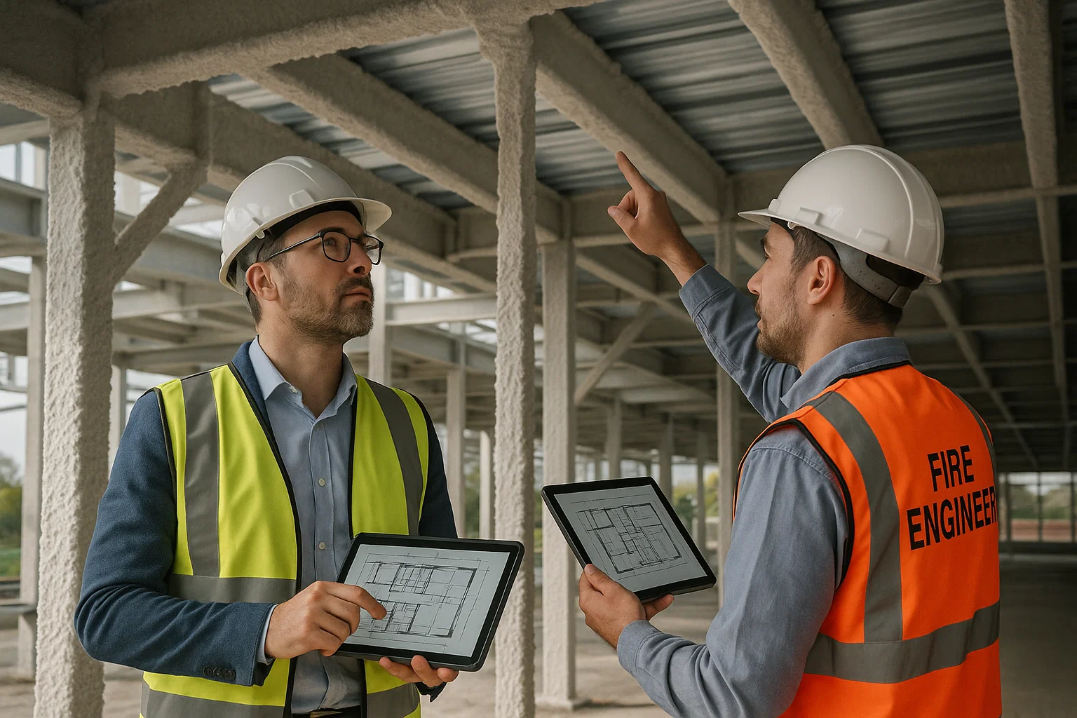 Architect and fire engineer inspecting cementitious fireproof coatings on a steel structure.