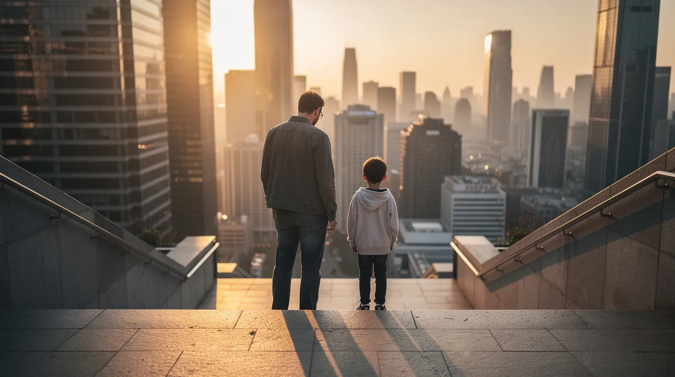 Ein Mann und ein Junge stehen nebeneinander auf einer breiten Steintreppe und blicken gemeinsam auf eine Großstadt, die im sanften Morgenlicht erstrahlt. Die Szene vermittelt ein Gefühl von Zusammenhalt und Hoffnung, während die Stadt im Hintergrund als Symbol für neue Abenteuer und Möglichkeiten erscheint.
