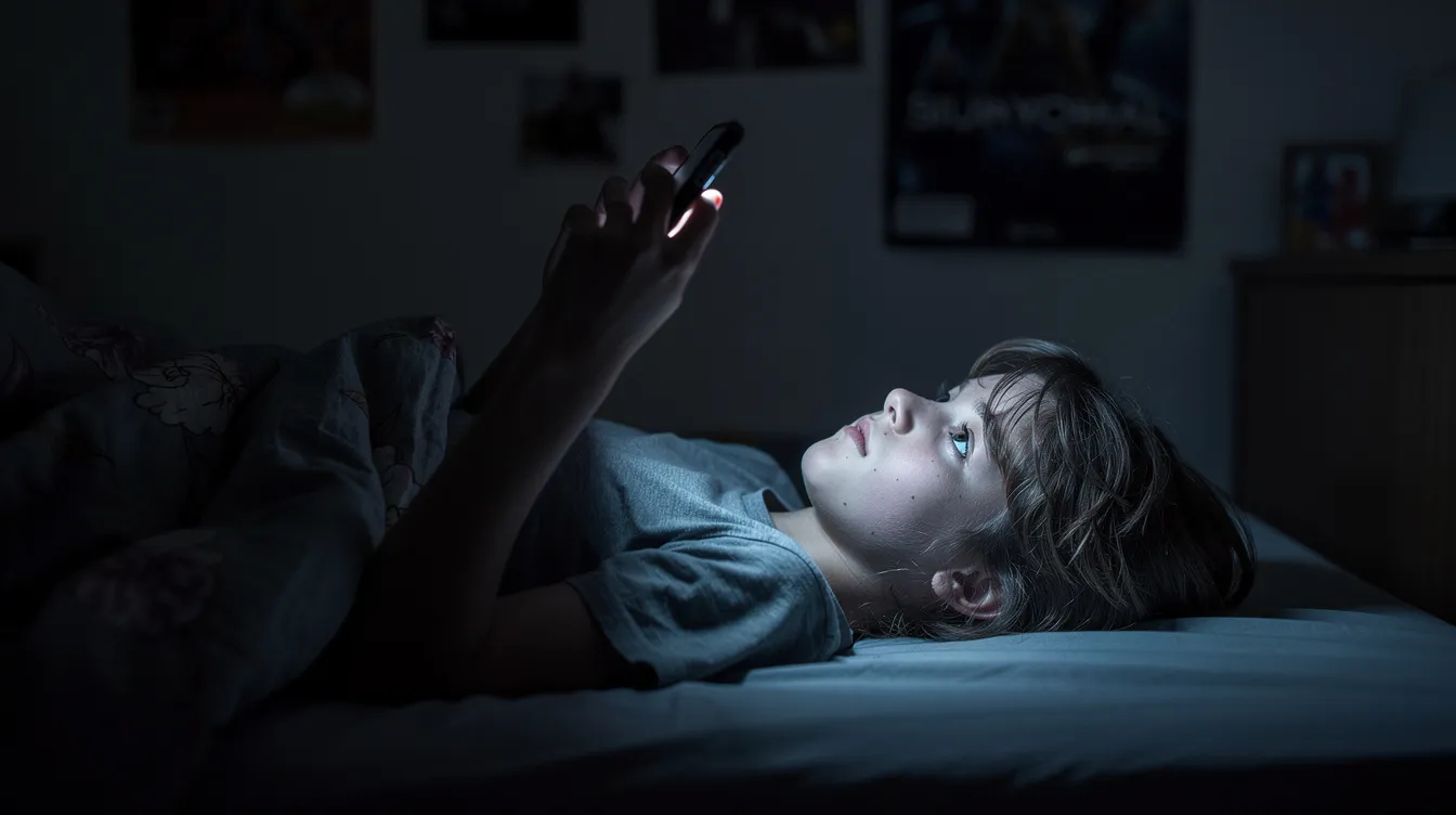 A teenager lies in bed, illuminated by the glow of a smartphone screen in a dark bedroom, embodying the struggle with sleep deprivation that many high school students face due to late-night screen time. This scene highlights the importance of good sleep habits, as chronic sleep deprivation can lead to excessive daytime sleepiness and impact academic performance.