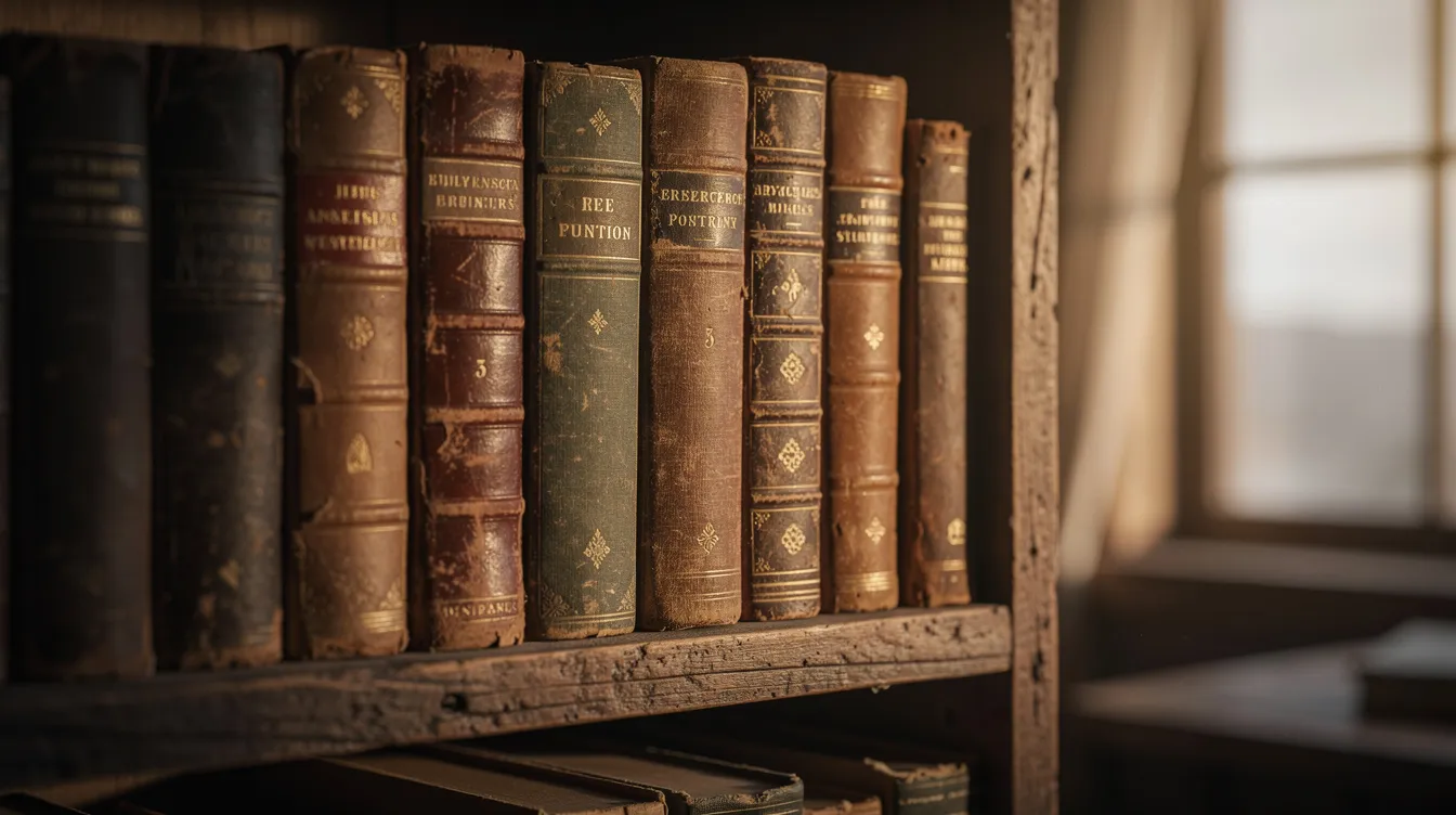 Auf einem Holzregal sind alte Bücher aufgereiht, die in warmem Licht erstrahlen, während im Hintergrund ein verschwommenes Fenster Tageslicht hereinlässt. Diese Sammlung könnte Werke aus verschiedenen Epochen der deutschen Literaturgeschichte repräsentieren, darunter auch die bedeutenden Strömungen wie Sturm und Drang und Weimarer Klassik.