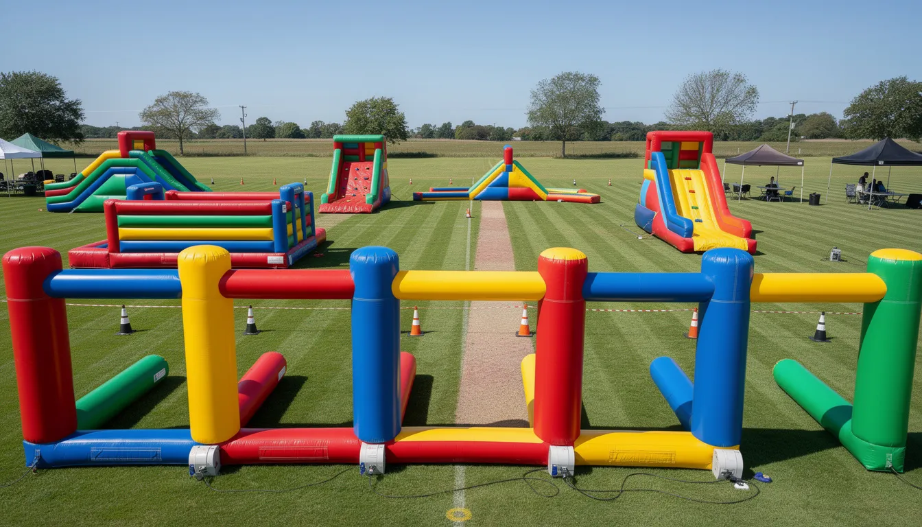 The image depicts an outdoor event setup featuring inflatable obstacles on a grassy field, perfect for a fast-paced game of combat archery. Participants of various skill levels can enjoy shooting foam-tipped arrows while dodging opponents, creating an exciting atmosphere for friends and family.