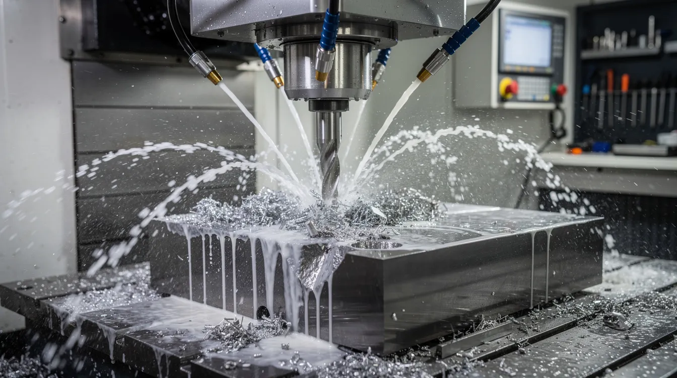 The image depicts a CNC machining center actively cutting a hardened steel die block, with a coolant spray being applied to manage heat during the die manufacturing process. This scene showcases the precision and complexity involved in creating die components used in various manufacturing processes, particularly in the automotive industry.