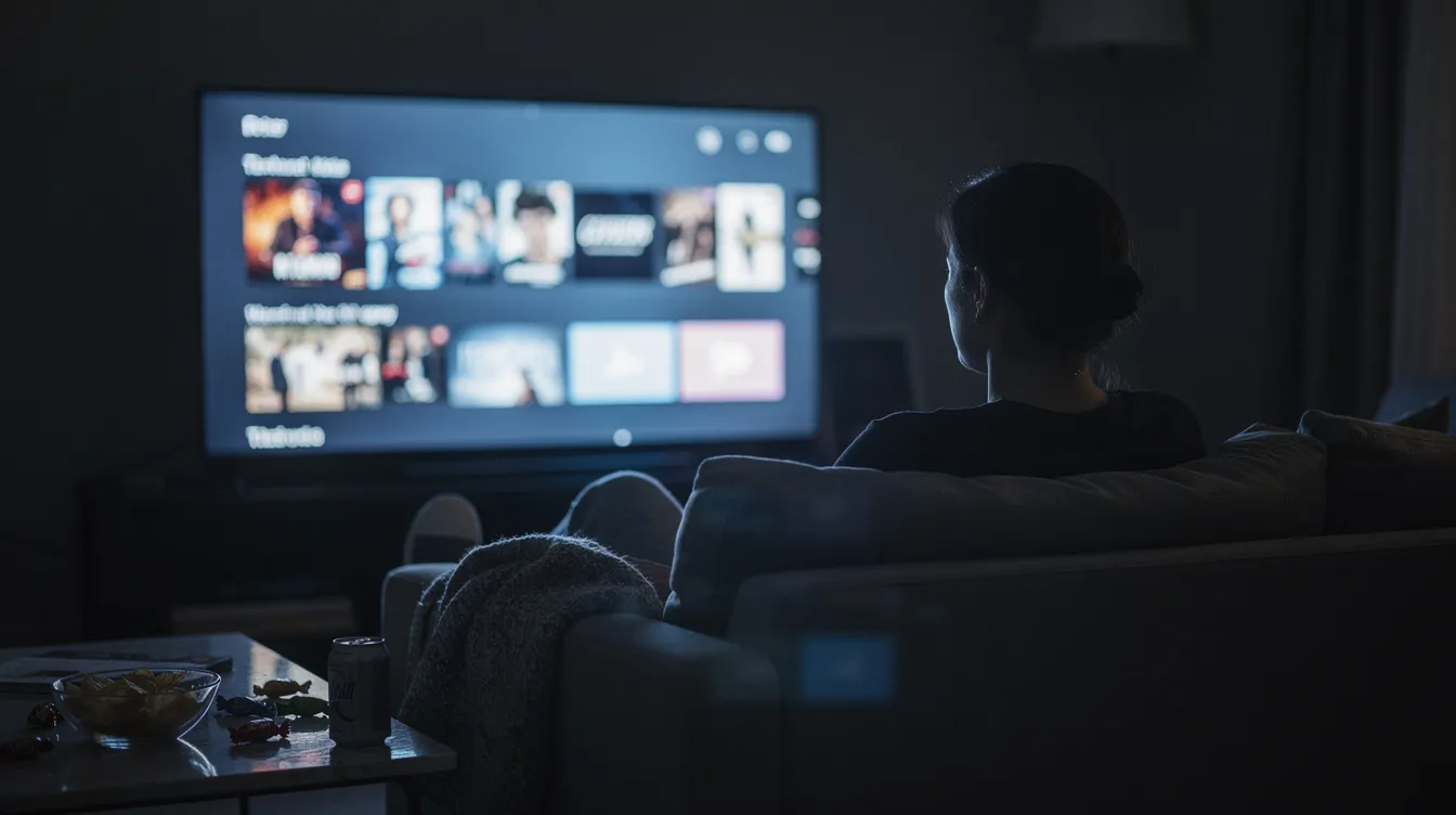 Eine Person sitzt im Dunkeln auf einem Sofa und schaut auf einen großen Bildschirm, auf dem ein Serienmenü leuchtet. Neben ihr liegen Snacks und eine Decke, was auf eine gemütliche Fernsehnacht mit spannenden Episoden einer Serie hindeutet.