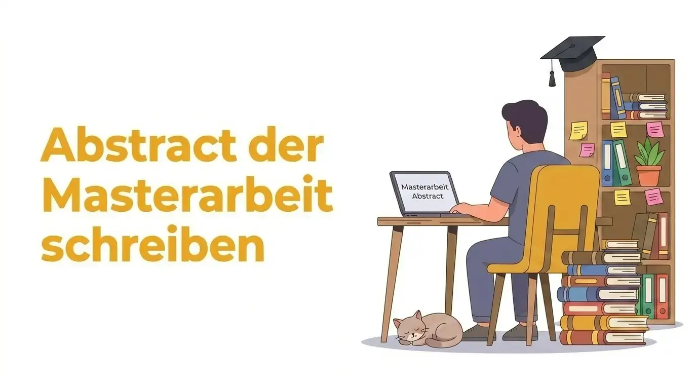 Illustration zum Schreiben eines Abstracts für die Masterarbeit: Student arbeitet am Laptop neben einem Bücherregal