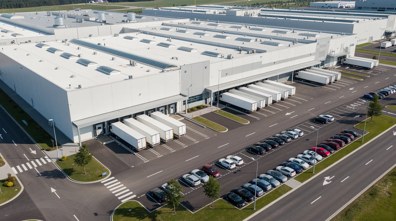 1d66ba3b 48df 4982 9b96 c6c88d9dc07f An aerial view of a modern food processing factory showcases multiple truck loading bays and a spacious parking area, indicating a well-organized dairy processing plant. The facility is designed for efficiency in uht milk production, with advanced machinery and infrastructure to meet the rising demand for dairy products.