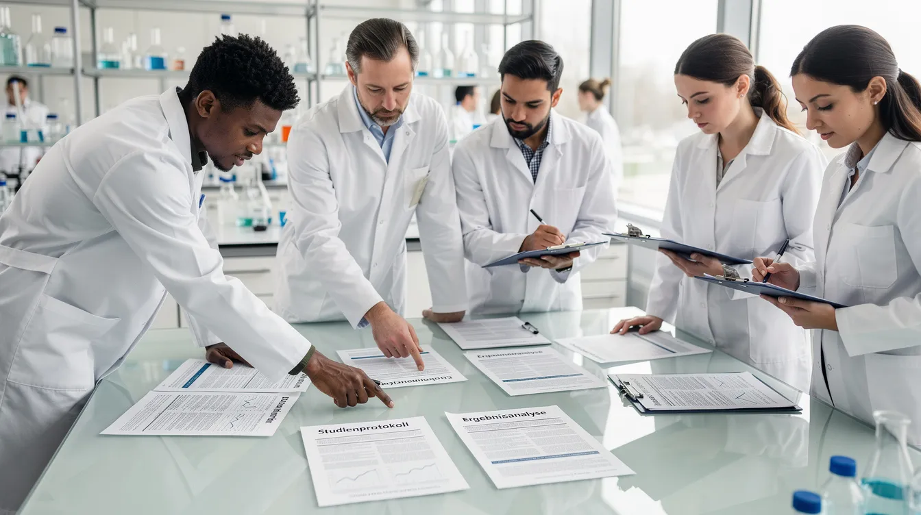 Eine Gruppe von Wissenschaftlern in weißen Laborkitteln steht an einem Tisch und überprüft Dokumente zur Sicherheit von CBD als neuartigem Lebensmittel. Sie diskutieren möglicherweise die Anforderungen der europäischen Lebensmittelbehörde (EFSA) und die Vorschriften der EU zur sicheren Verwendung von Cannabidiol in Lebensmitteln und Nahrungsergänzungsmitteln.