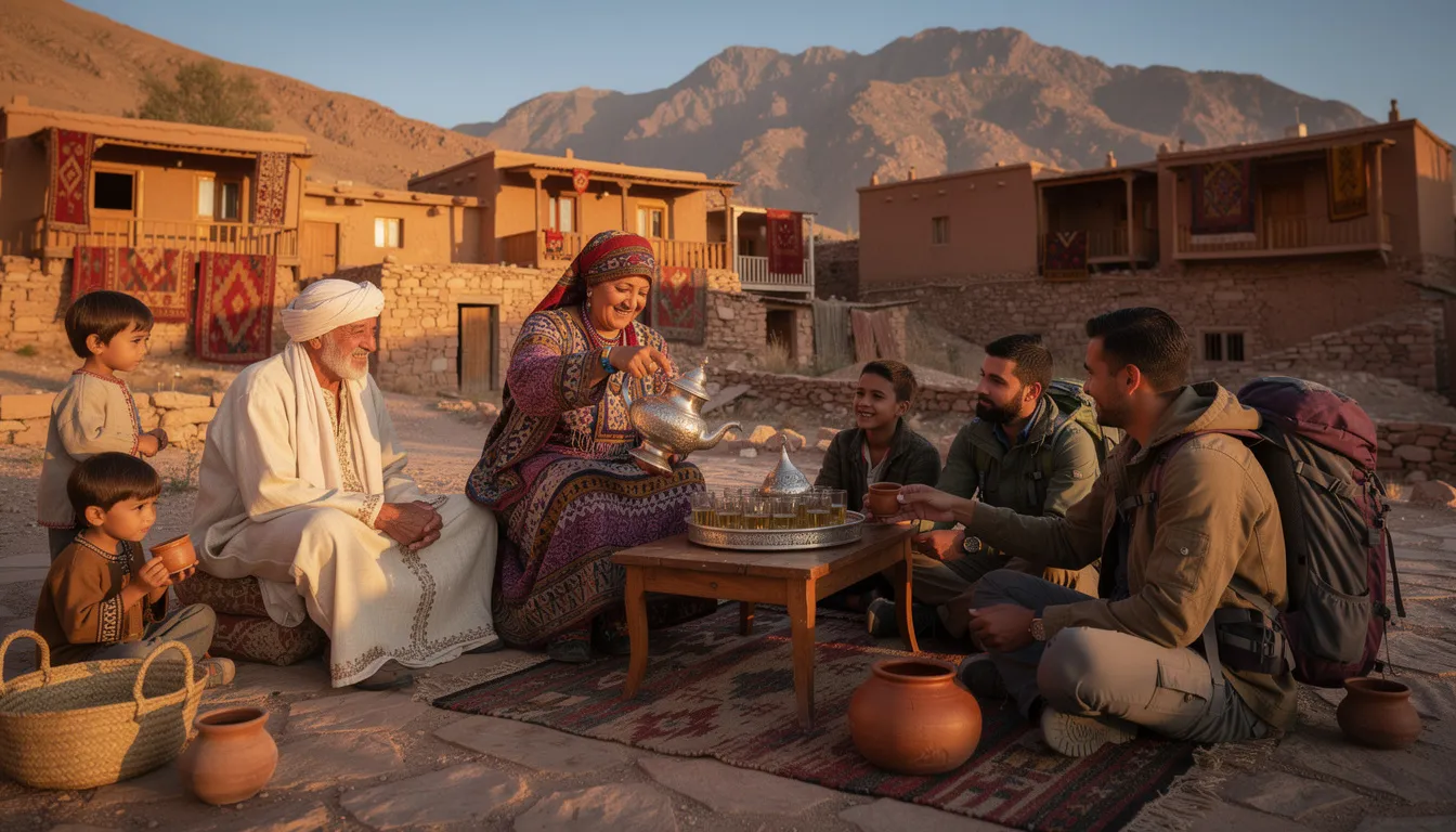 A Berber family is warmly serving traditional mint tea to travelers in a picturesque mountain village setting, showcasing the rich local culture of Morocco's high Atlas mountains. This moment captures the essence of authentic experiences that visitors can enjoy during their Morocco tours.