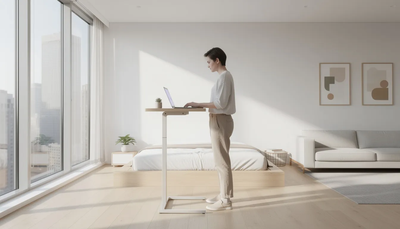 A person is standing at a compact adjustable standing desk in a bright, minimalist studio apartment, which features large windows that let in plenty of natural light. The workspace is organized and showcases multiple monitors, highlighting the benefits of a sit-stand setup for improved posture and productivity.