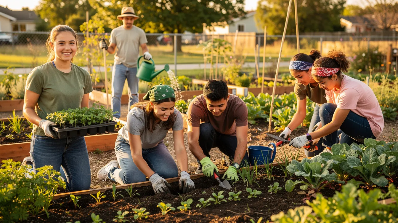 A group of teenagers is volunteering together in a sunny community garden, planting seedlings and enjoying the positive peer influence of working as a team. This scene highlights the importance of social acceptance and positive peer pressure in encouraging young adults to engage in constructive activities.