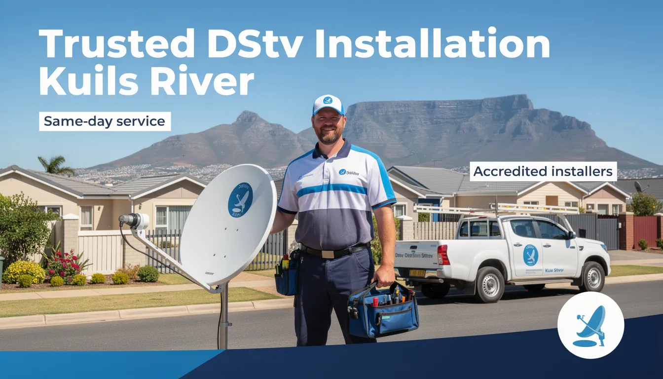 The image showcases a professional DStv installer in Kuils River, expertly setting up a satellite dish for optimal signal reception. The installer is surrounded by tools and equipment, emphasizing the reliable and affordable DStv installation services offered in the area.