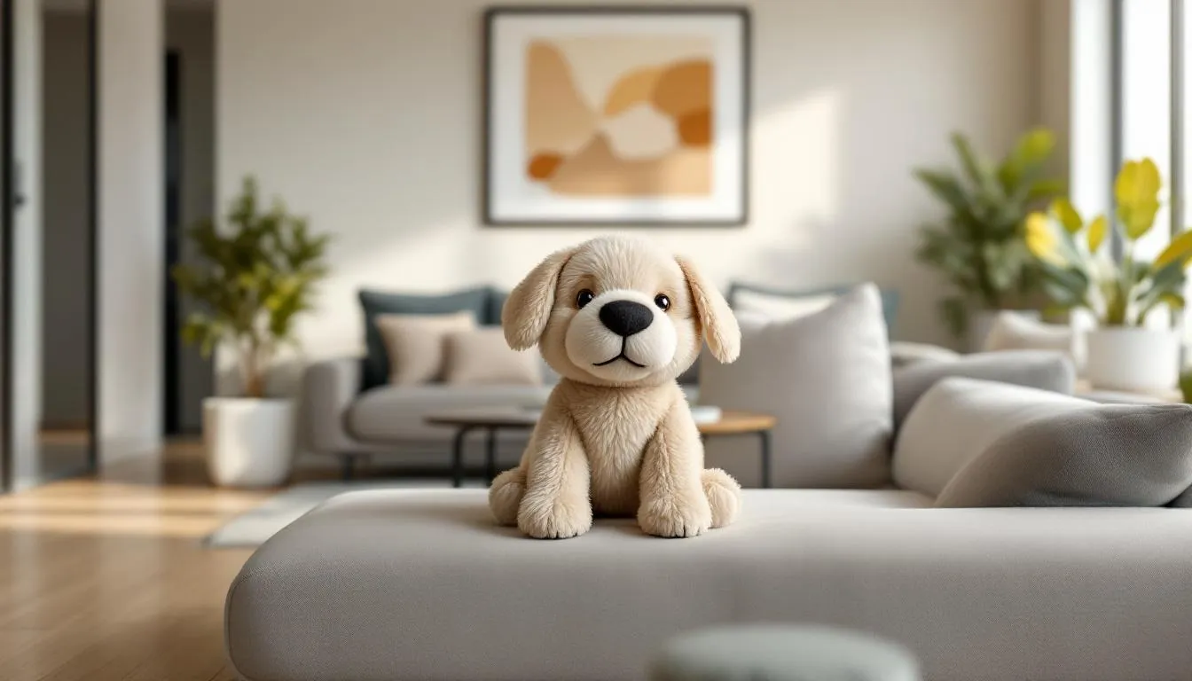 A small toy dog, possibly a toy poodle or a miniature pinscher, is comfortably sitting on a plush couch in a modern apartment, surrounded by a cozy and stylish interior. The dog has a silky coat and soulful eyes, embodying the affectionate nature of popular toy dog breeds.