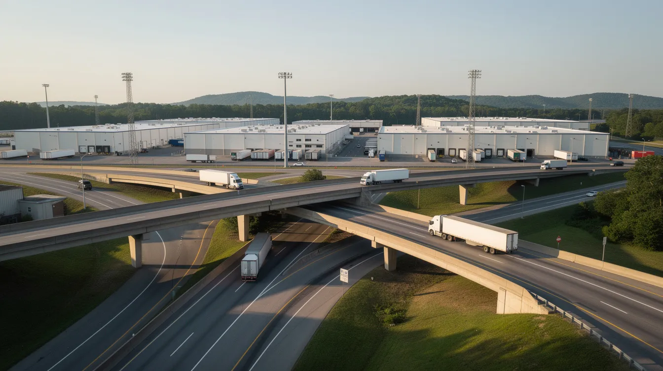 A wide shot of a Tennessee highway interchange shows trucks navigating the roads with an industrial park in the background, reflecting the growth and development in the Nashville construction market. This scene highlights the region's infrastructure and its role in supporting advanced manufacturing and population growth in Middle Tennessee.