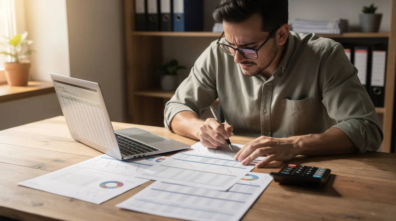 A small business owner is seated at a desk, reviewing financial documents with a laptop and calculator in front of them, focusing on their tax preparation needs for the upcoming tax season. This scene highlights the importance of business tax services and effective tax planning for small business owners in Pembroke Pines, Florida.