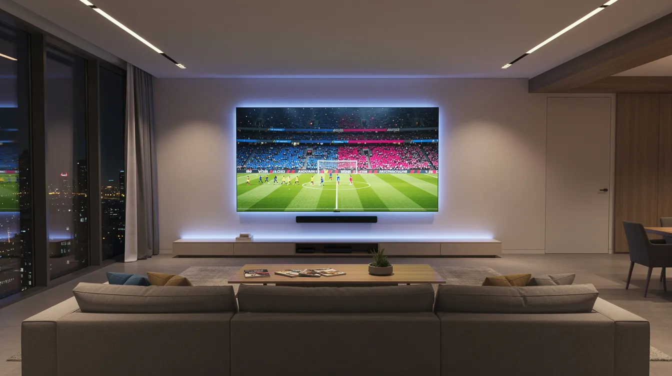 The image depicts a modern living room featuring a large flat-screen TV that showcases a vibrant sports stadium broadcast, illuminated with colorful lighting, perfect for sports fans enjoying live sports events. This setup highlights the advantages of IPTV services, offering premium sports channels and high picture quality for an immersive viewing experience.