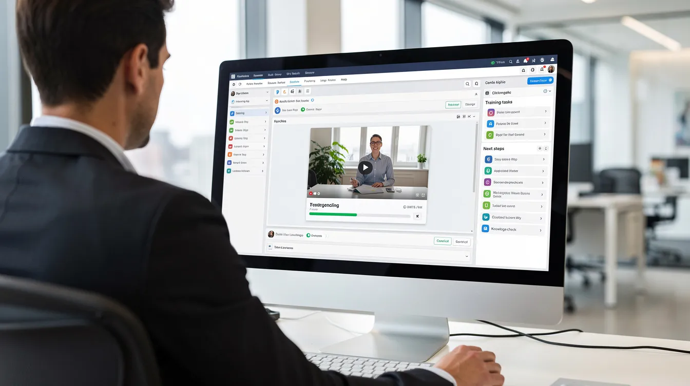 A professional sits at a desk, focused on a computer screen displaying embedded learning content within a workflow application, highlighting the integration of corporate learning solutions aimed at enhancing employee skills and leadership development. The scene emphasizes the importance of personalized learning paths and continuous improvement in training initiatives for a future-ready workforce. A professional sits at a desk, focused on a computer screen displaying embedded learning content within a workflow application, highlighting the integration of corporate learning solutions aimed at enhancing employee skills and leadership development. The scene emphasizes the importance of personalized learning paths and continuous improvement in training initiatives for a future-ready workforce.