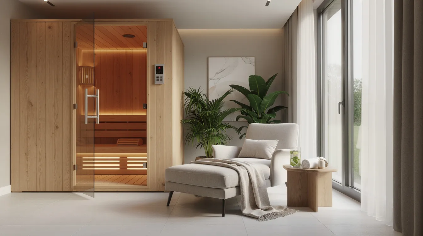 The image depicts a modern home wellness room featuring a wooden sauna and a cozy relaxation area, designed for comfort and rejuvenation. This space highlights the benefits of full spectrum infrared saunas, emphasizing heat therapy for improved circulation, skin health, and stress relief.