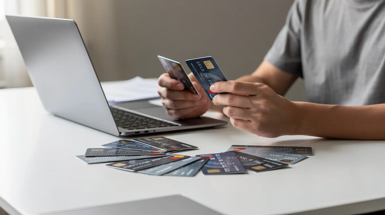 A person is seated at a desk, carefully examining multiple credit cards laid out beside a laptop computer, which suggests they are considering various financial options, possibly for a loan application. The scene reflects a thoughtful approach to managing personal finances and exploring different loan products.