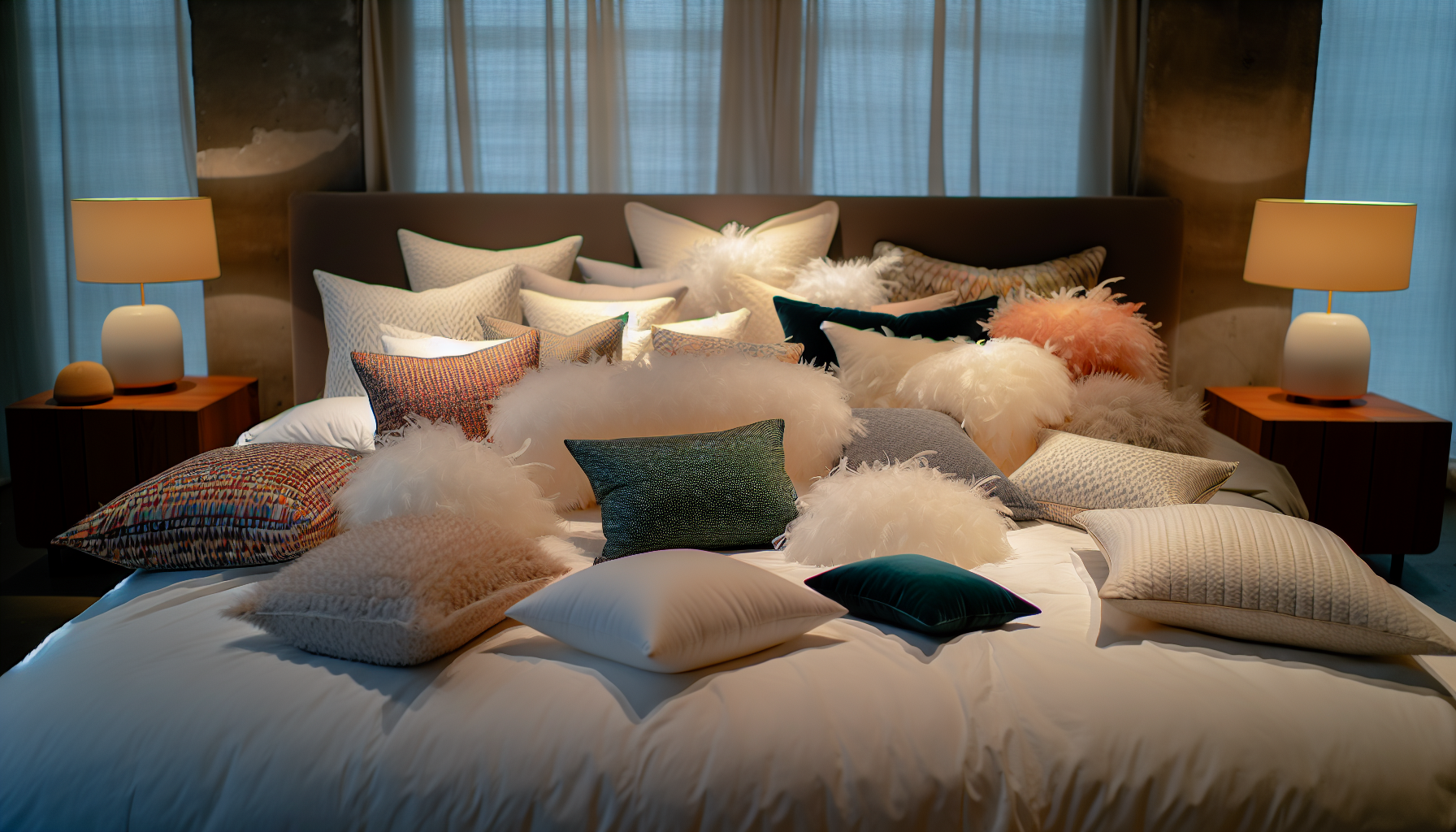 A variety of feather pillows displayed on a bed