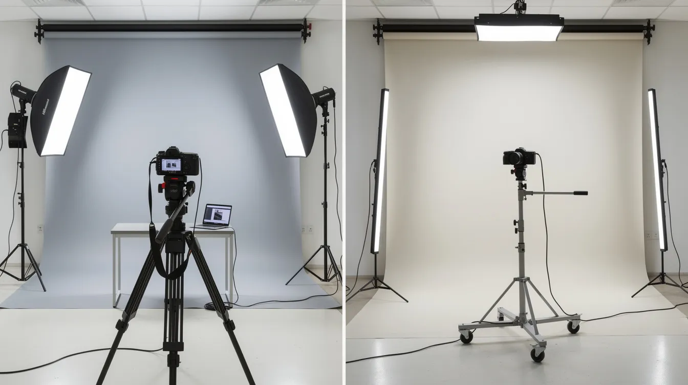 The image shows a side-by-side comparison of a photography studio setup, featuring professional lighting equipment and a neutral background, ideal for clinical photography related to plastic surgery procedures. This setup emphasizes the importance of capturing natural-looking results for aesthetic surgery consultations.