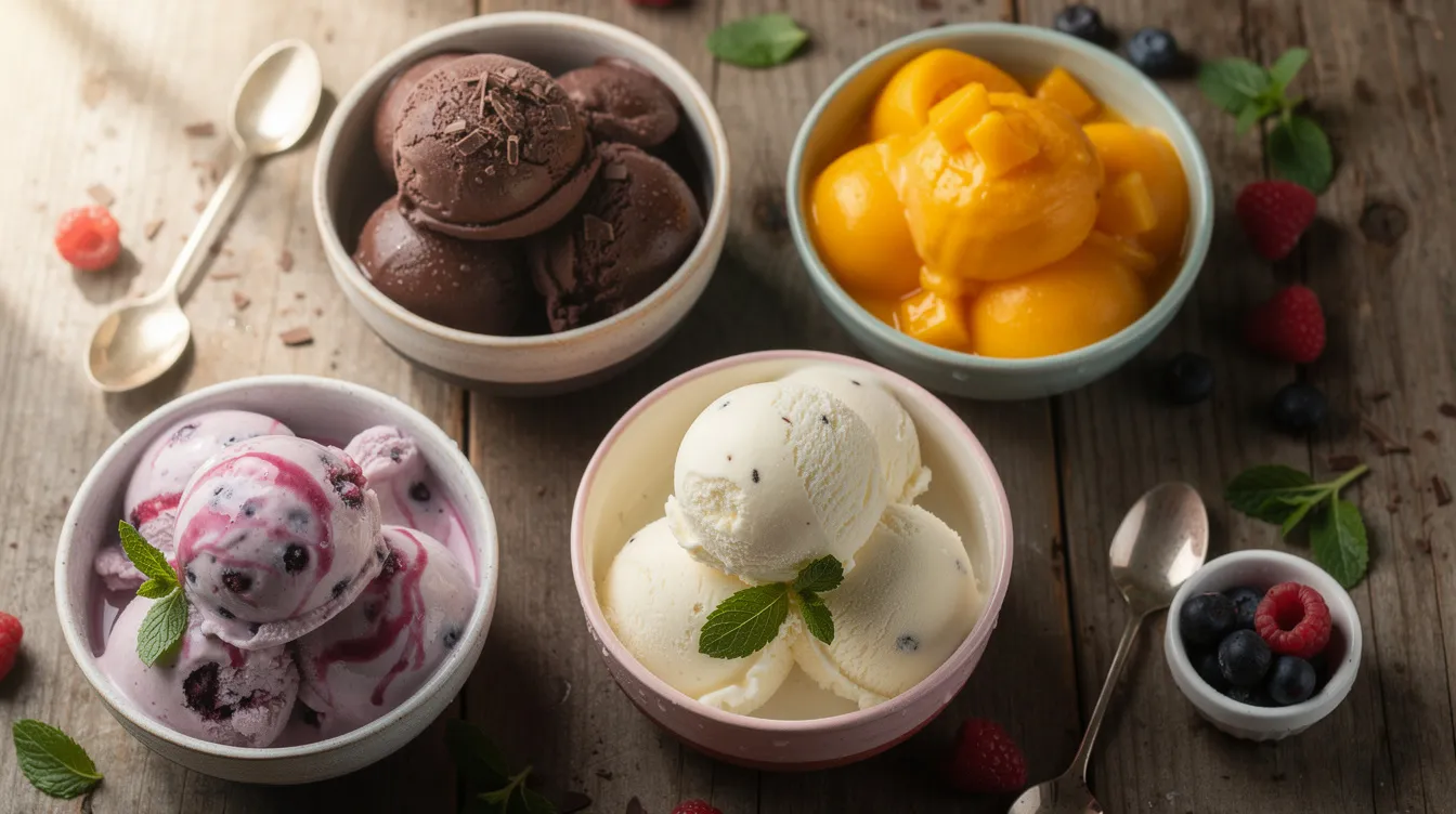 A wooden table is adorned with an assortment of bowls filled with various frozen desserts, including rich chocolate gelato, refreshing mango sorbet, classic vanilla ice cream, and berry-flavored frozen yogurt, perfect for ice cream lovers seeking their favorite frozen treats. This colorful display showcases the delightful variety that can be made using an ice cream maker for homemade indulgence.