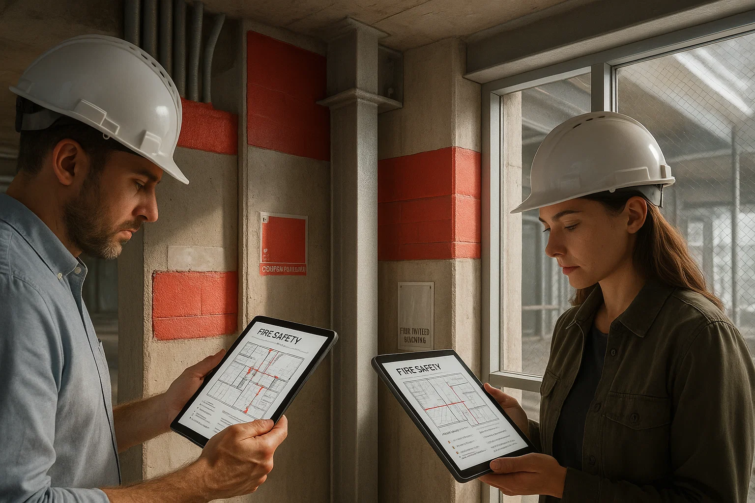 A realistic construction setting showing engineers inspecting modern fire-safety systems and upgraded passive protection methods.