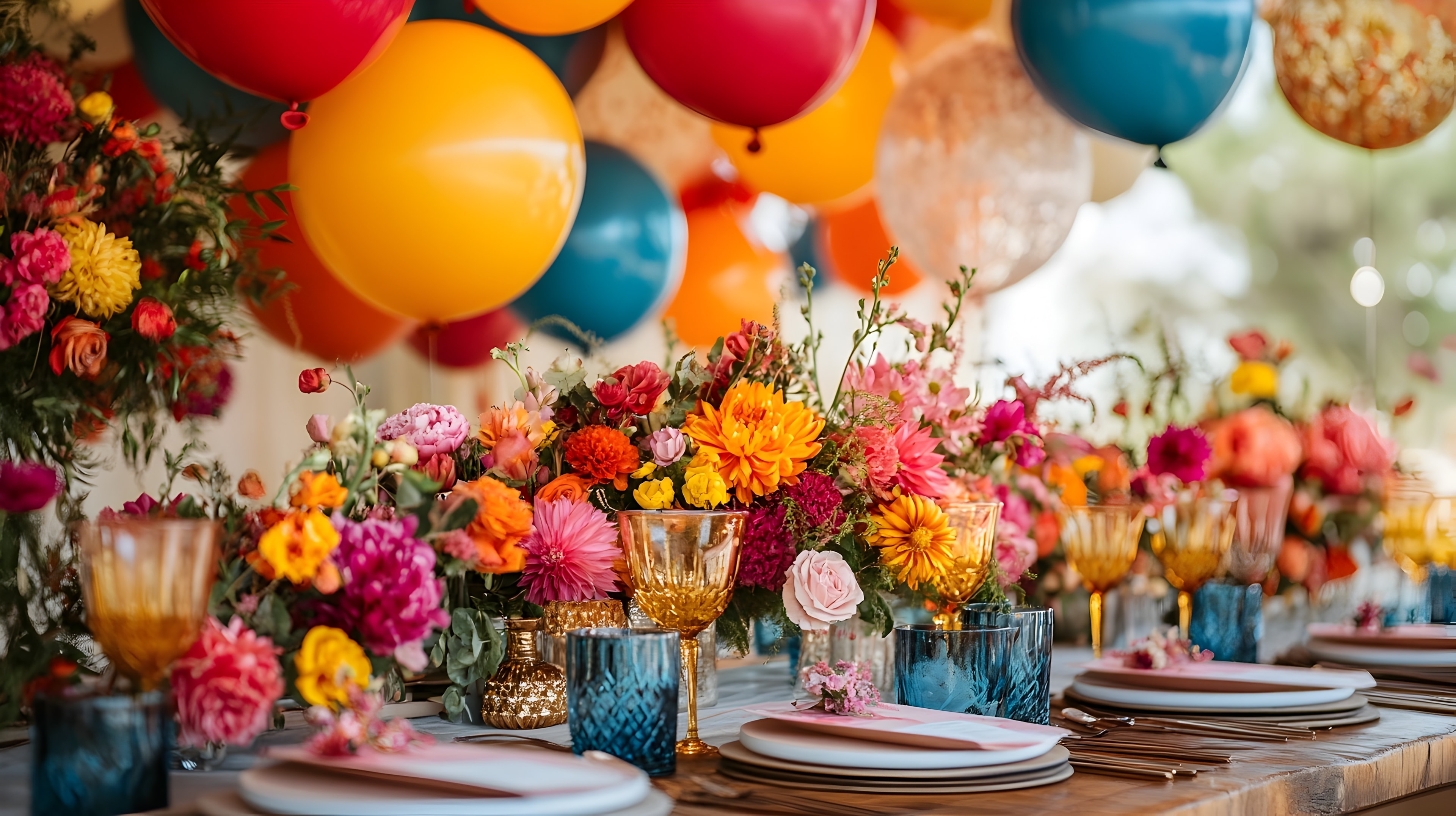 a dining table set up outdoors complete with colorful florals and balloons 