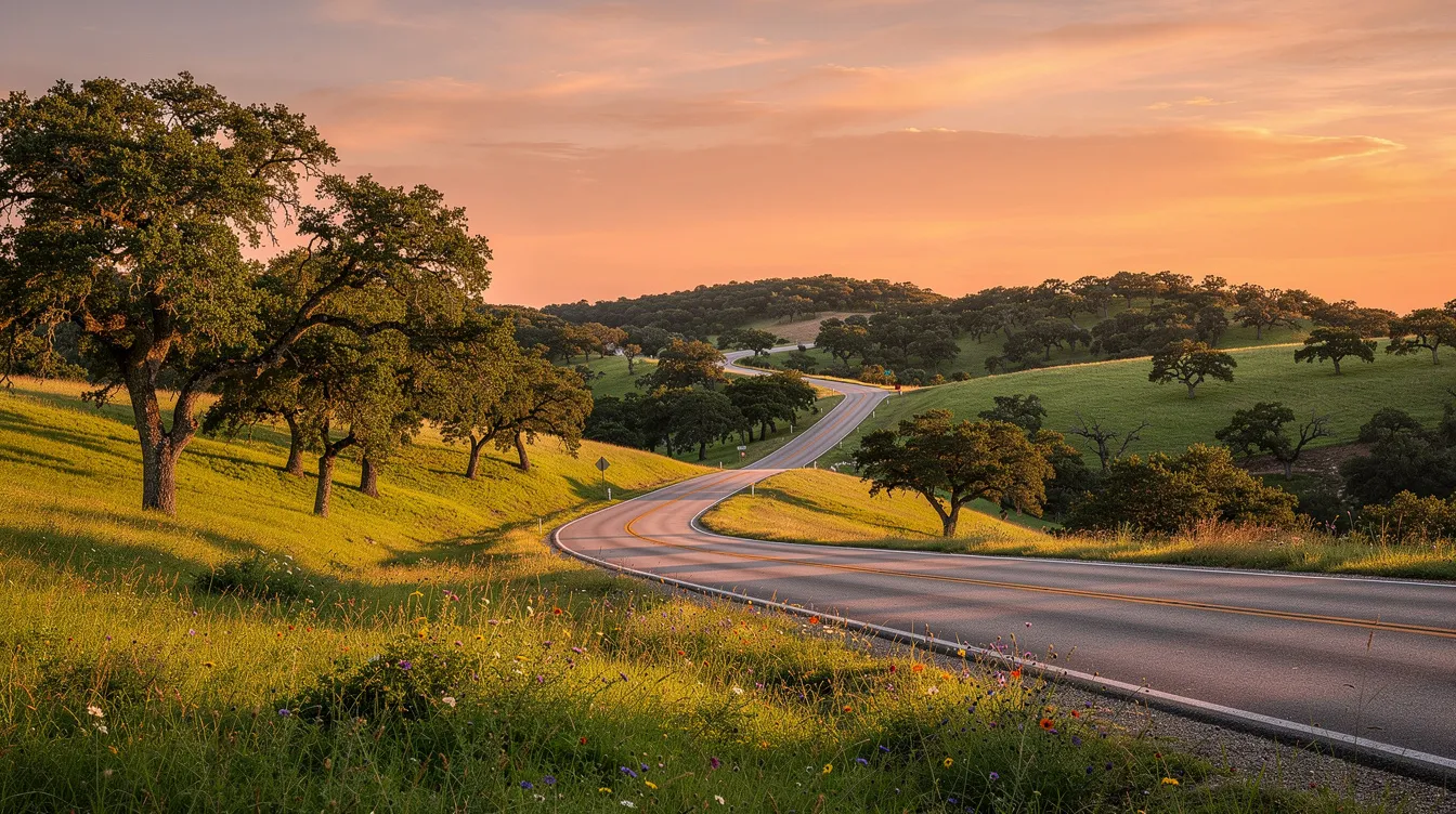 The image depicts a picturesque Texas Hill Country road at sunset, surrounded by rolling green hills and scattered oak trees, creating a serene and tranquil atmosphere. This scenic view reflects the importance of finding the right home health care agency that offers personalized care plans tailored to the needs of loved ones.